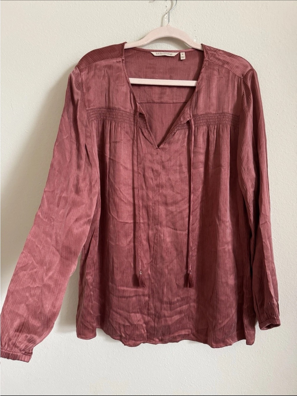 Soft Surroundings Mauve Red Pink Boho Cupro Rayon Blouse Top Long Sleeve XL